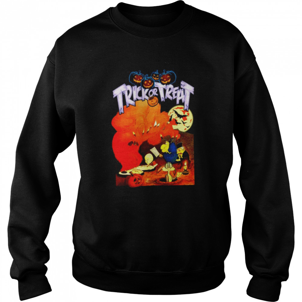 Trick or treat the monsters are hare gossamer witch hazel bugs bunny and pumpkins for halloween shirt Unisex Sweatshirt