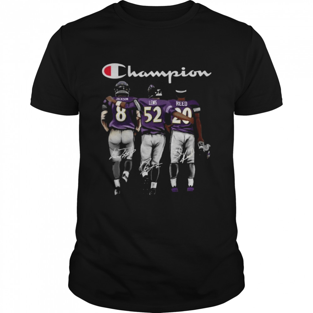 Baltimore Ravens Lamar Jackson Ray Lewis and Ed Reed champion signatures shirt