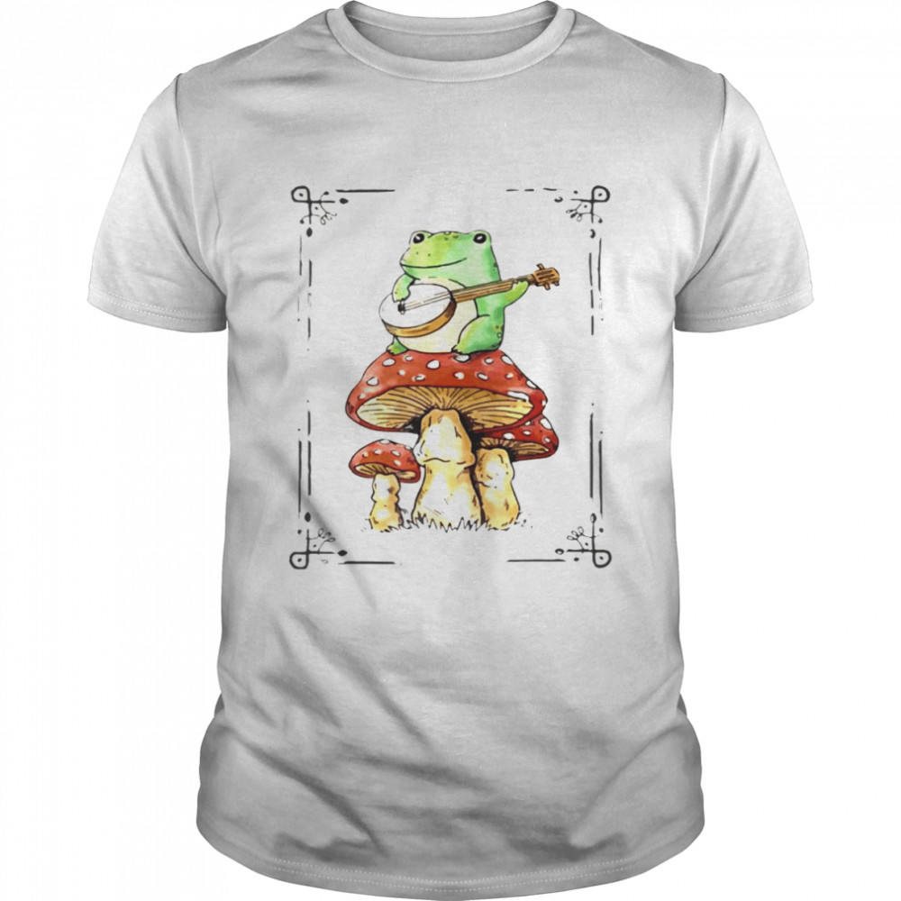 Cottagecore Aesthetic Frog Playing Banjo on Mushroom Cute T-Shirt