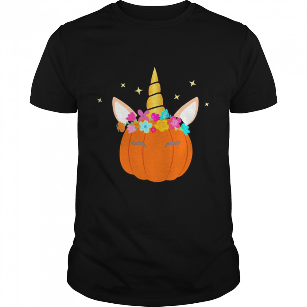 Unicorn Pumpkin Halloween Thanksgiving With Flowers Shirt