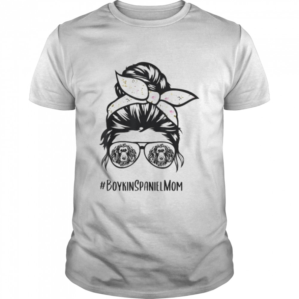 Boykin spaniel dog mom messy bun hair glasses T-shirt