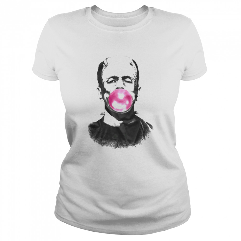 frankenstein blowing a bubble with pink bubble gum classic womens t shirt