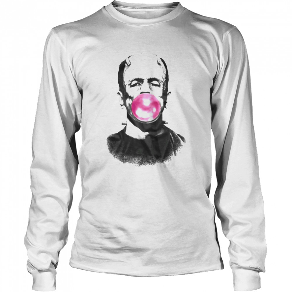 frankenstein blowing a bubble with pink bubble gum long sleeved t shirt
