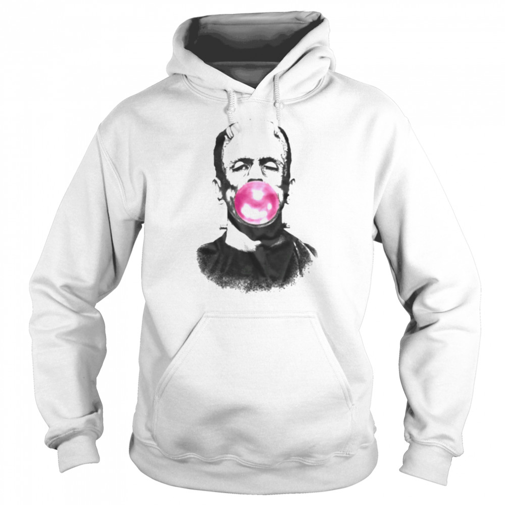 frankenstein blowing a bubble with pink bubble gum unisex hoodie