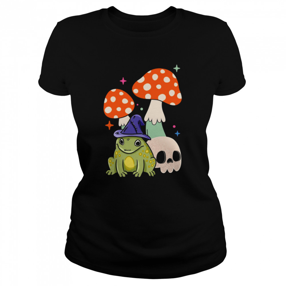 cute witchy frog cottagecore frog wizard frog with mushroom and skull witchcraft halloween shirt classic womens t shirt