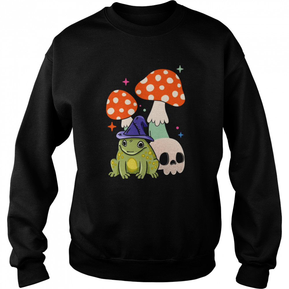 Cute Witchy Frog Cottagecore Frog Wizard Frog With Mushroom And Skull Witchcraft Halloween shirt Unisex Sweatshirt