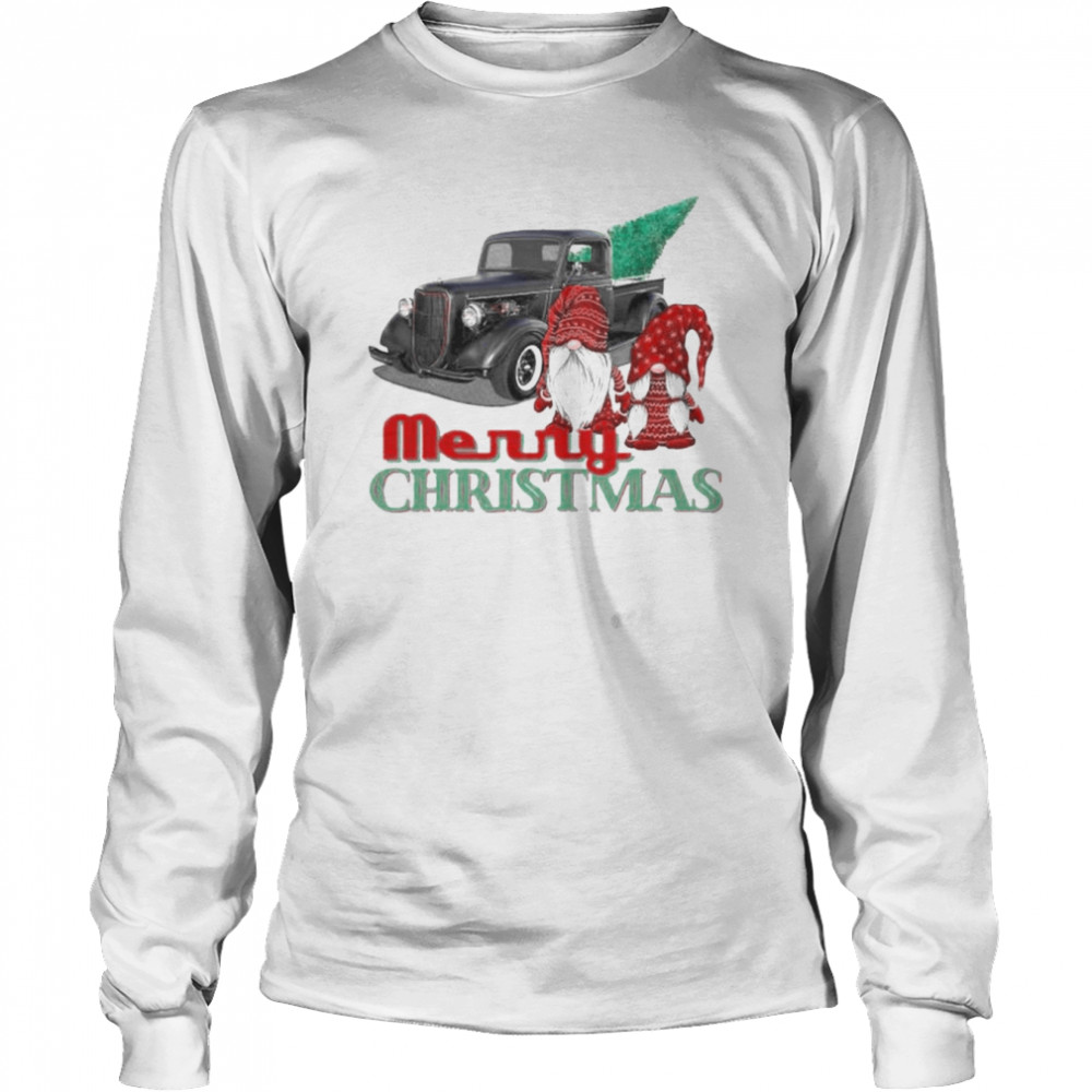 Vintage Merry Christmas Tree Gnome Retro Pickup Truck  Long Sleeved T-shirt