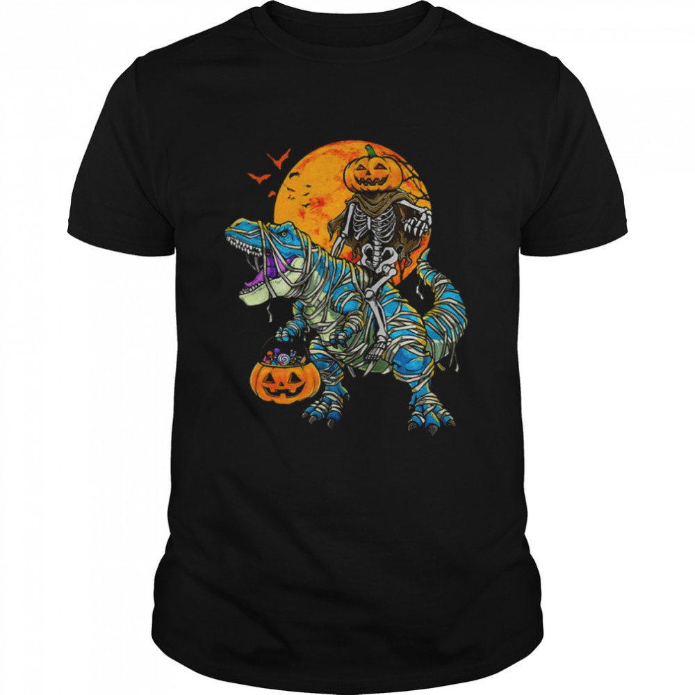 Jack O Lantern Skeleton Riding Mummy Dinosaur Halloween shirt
