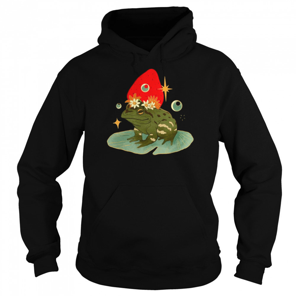 Animated Art Frog With A Strawberry Hat shirt Unisex Hoodie