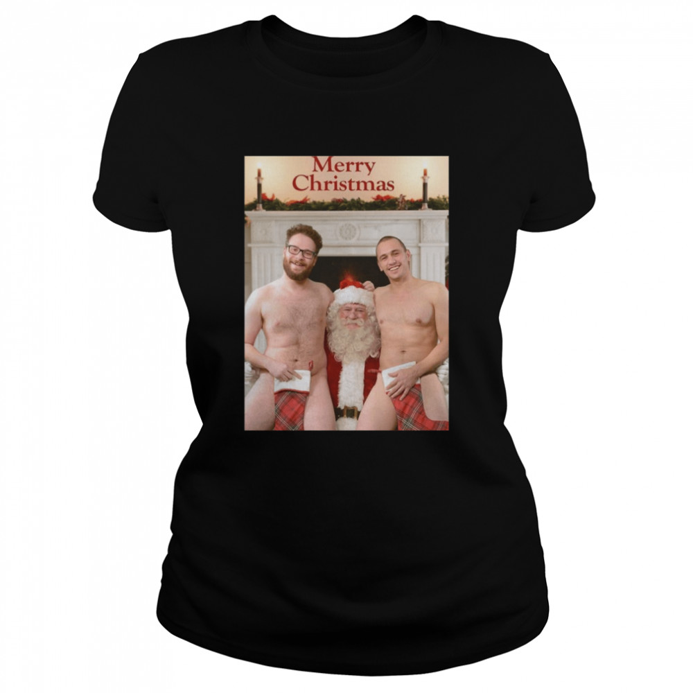 merry xmas from seth rogen and james franco funny nude with santa shirt classic womens t shirt