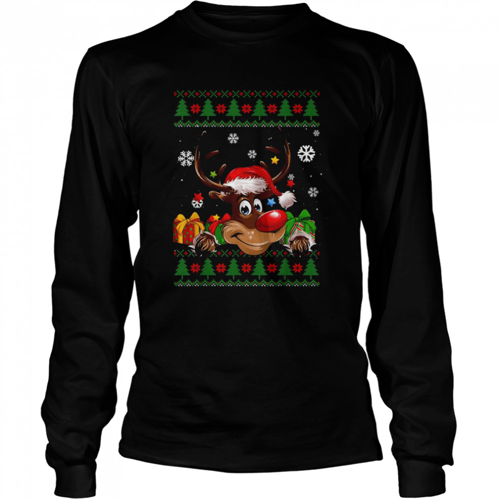 Reindeer Lovers Santa Hat Ugly Christmas T- Long Sleeved T-shirt
