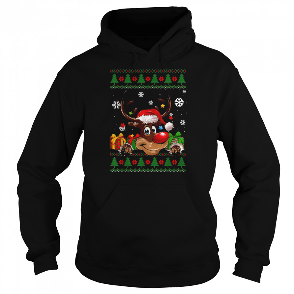 Reindeer Lovers Santa Hat Ugly Christmas T- Unisex Hoodie