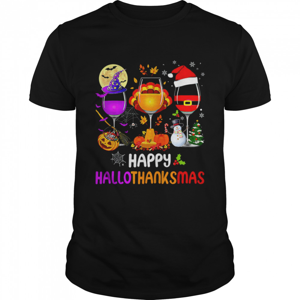 Happy Hallothanksmas Wine Glasses Halloween Funny Thanksgiving T-Shirt