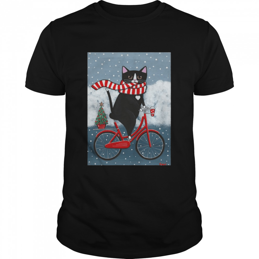 Tuxedo Cat Pick Up Christmas Tree Winter Bicycle Ride shirt