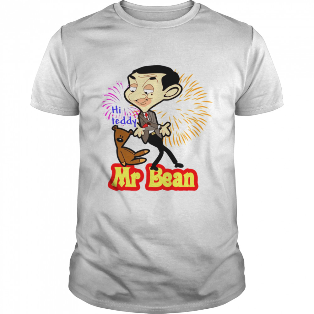 Hand Drawn Cartoon Image Of Mr Bean And His Bear shirt