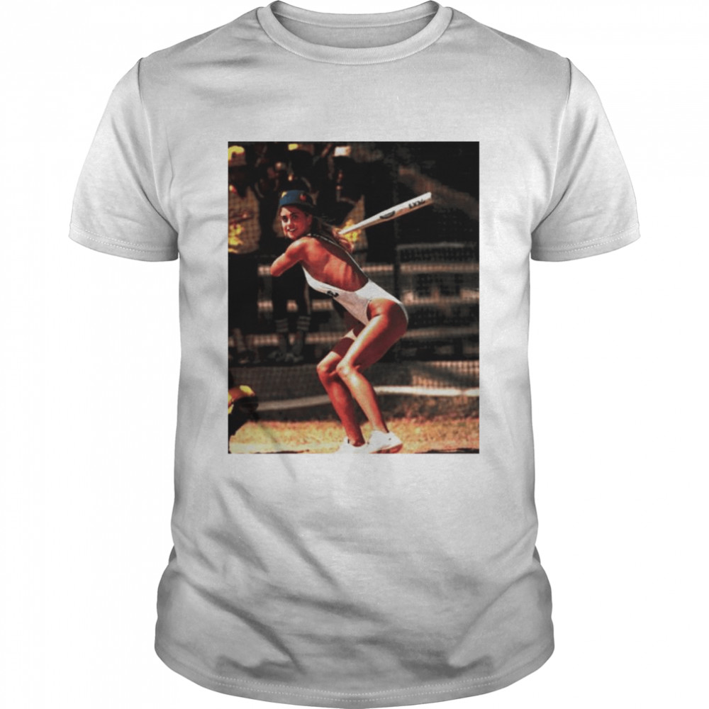 Kathy Ireland with baseball bat shirt