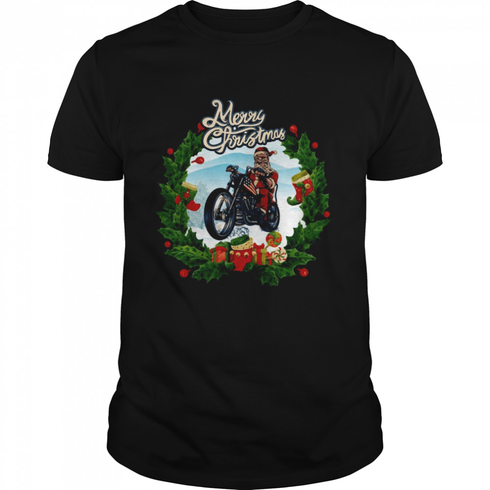 Retro Art Merry Christmas Happy Santa On Motorbike shirt