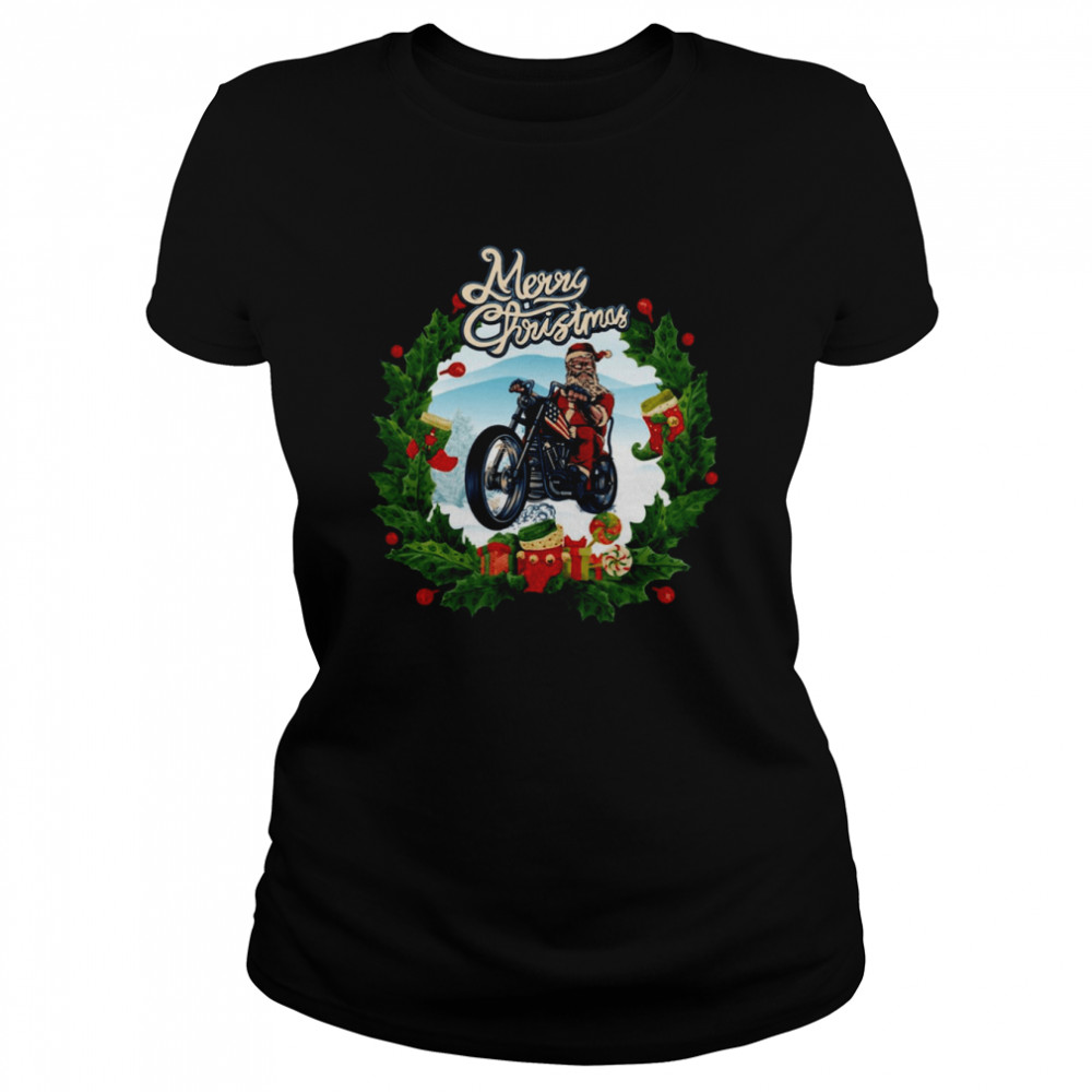 retro art merry christmas happy santa on motorbike shirt classic womens t shirt