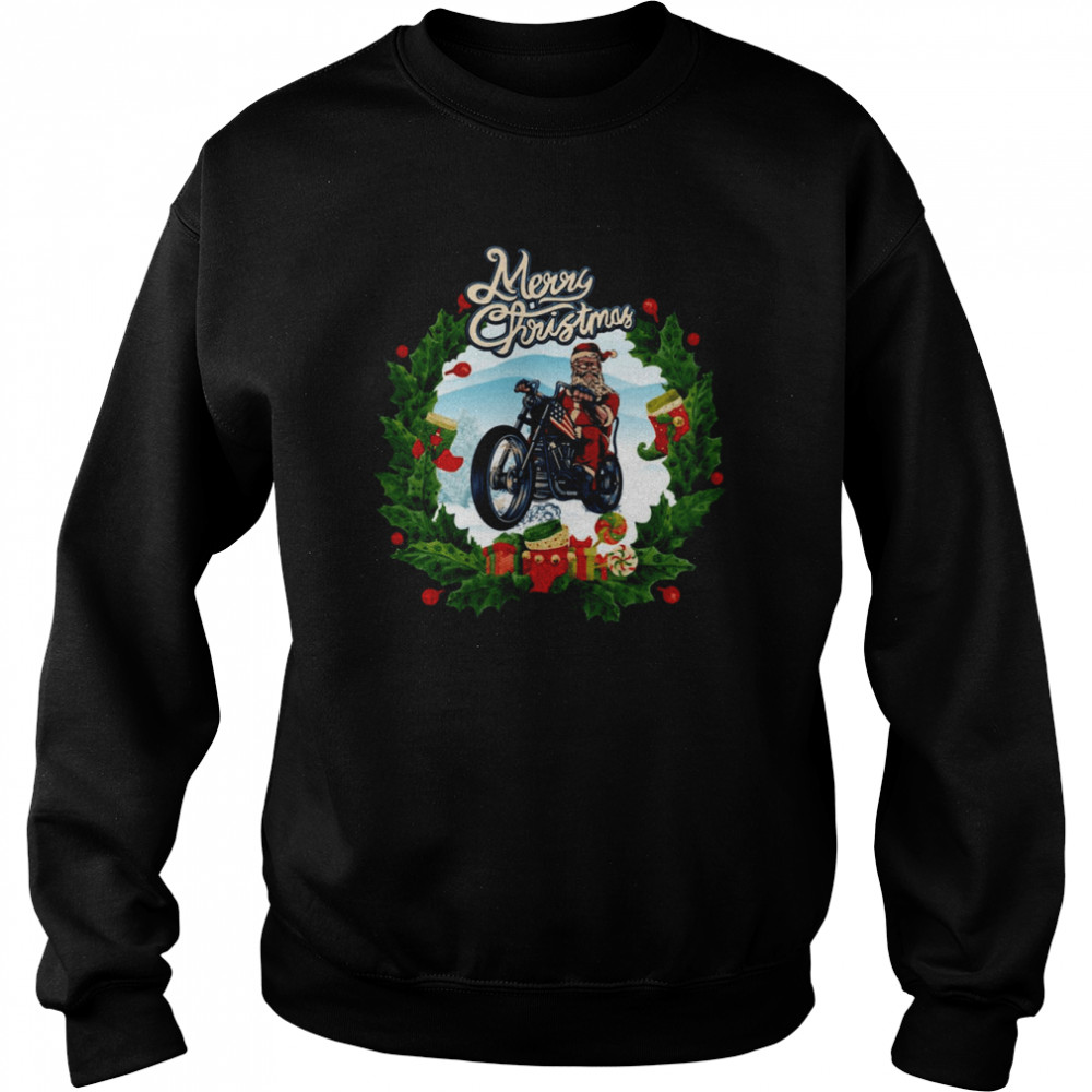 retro art merry christmas happy santa on motorbike shirt unisex sweatshirt
