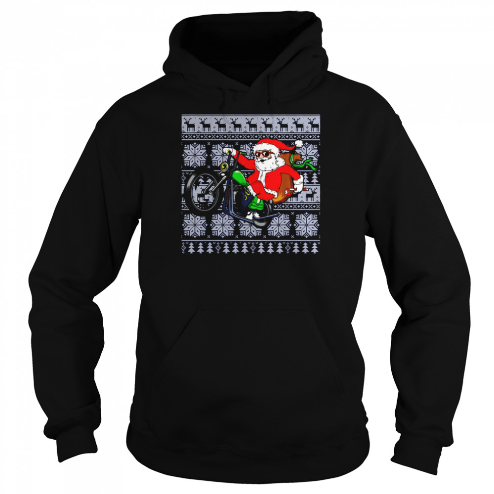santa claus coming on motorcycle ugly christmas shirt unisex hoodie