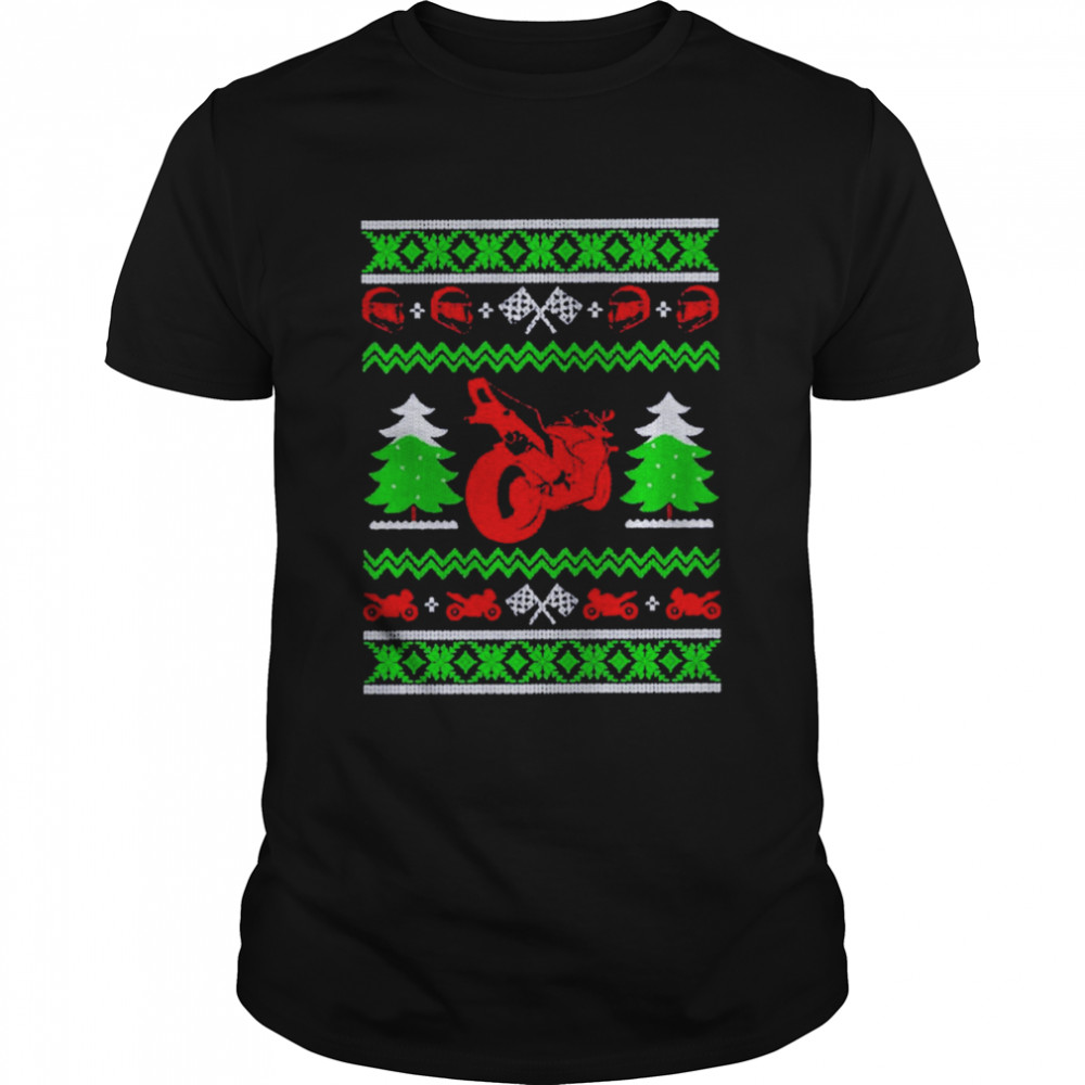 Red sport bike motorcycle rider ugly Christmas T-shirt