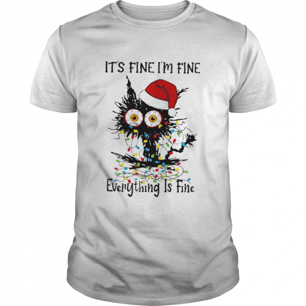 Santa Black Cat light It’s fine I’m fine everything is fine Merry Christmas shirt