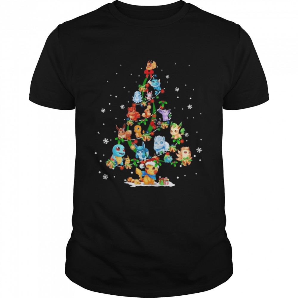 Pikachu Characters Chibi Merry Christmas tree light shirt