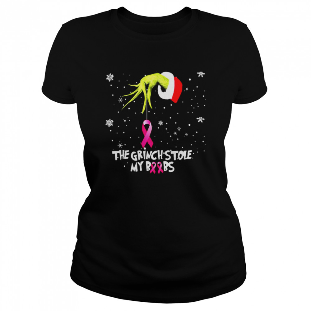 The Grinch Hand holding Breast Cancer the Grinch stole my boobs Merry Christmas shirt Classic Women's T-shirt