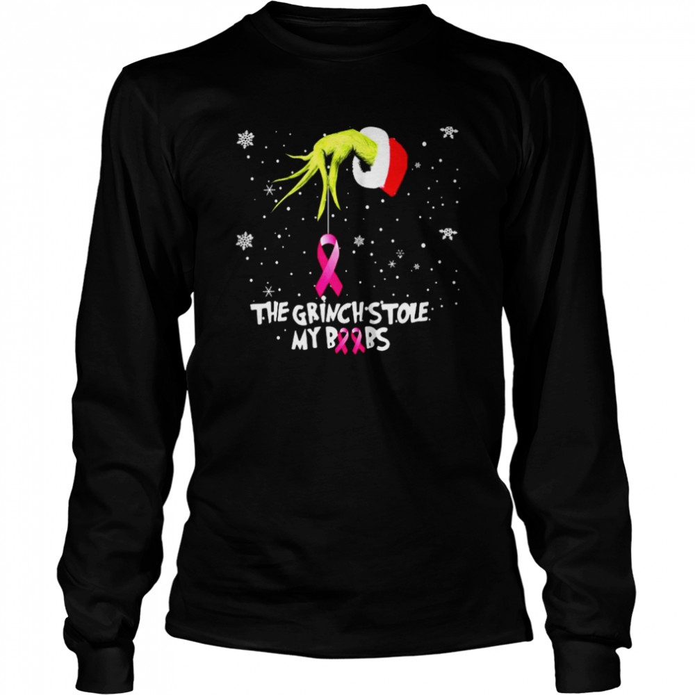 the grinch hand holding breast cancer the grinch stole my boobs merry christmas shirt long sleeved t shirt