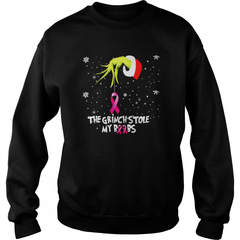 The Grinch Hand holding Breast Cancer the Grinch stole my boobs Merry Christmas shirt Unisex Sweatshirt