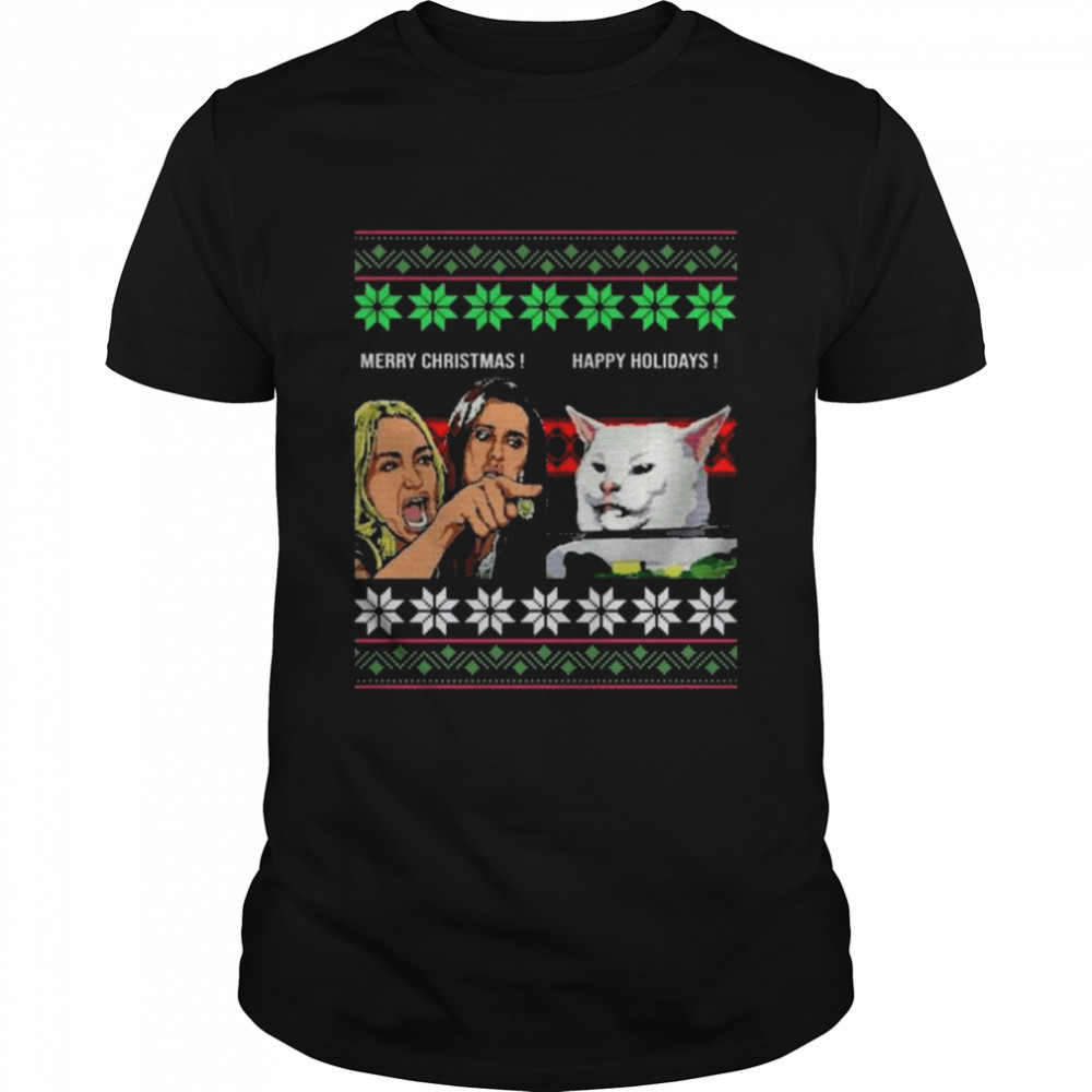 Woman Yelling At A Cat Meme Christmas Knit Pattern Ugly 2022 shirt Classic Men's T-shirt