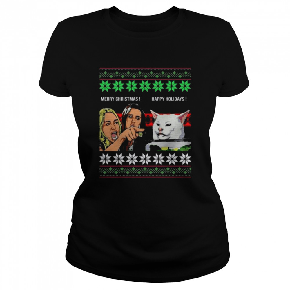 Woman Yelling At A Cat Meme Christmas Knit Pattern Ugly 2022 shirt Classic Women's T-shirt