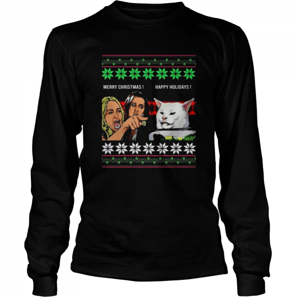 Woman Yelling At A Cat Meme Christmas Knit Pattern Ugly 2022 shirt Long Sleeved T-shirt