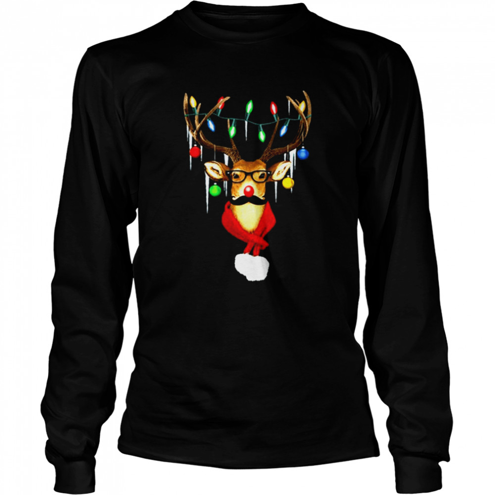 XtraFly Apparel Reindeer Wearing Moustache Lights Ugly Christmas 2022 shirt Long Sleeved T-shirt