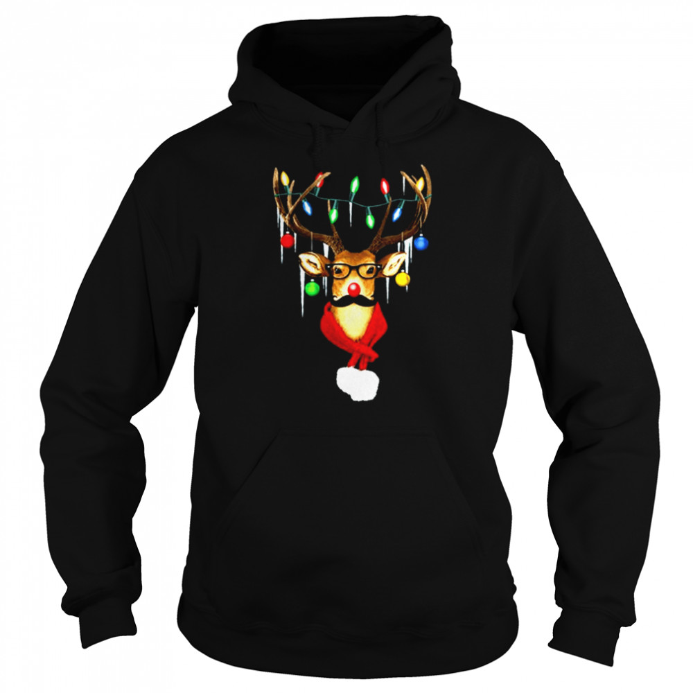 xtrafly apparel reindeer wearing moustache lights ugly christmas 2022 shirt unisex hoodie