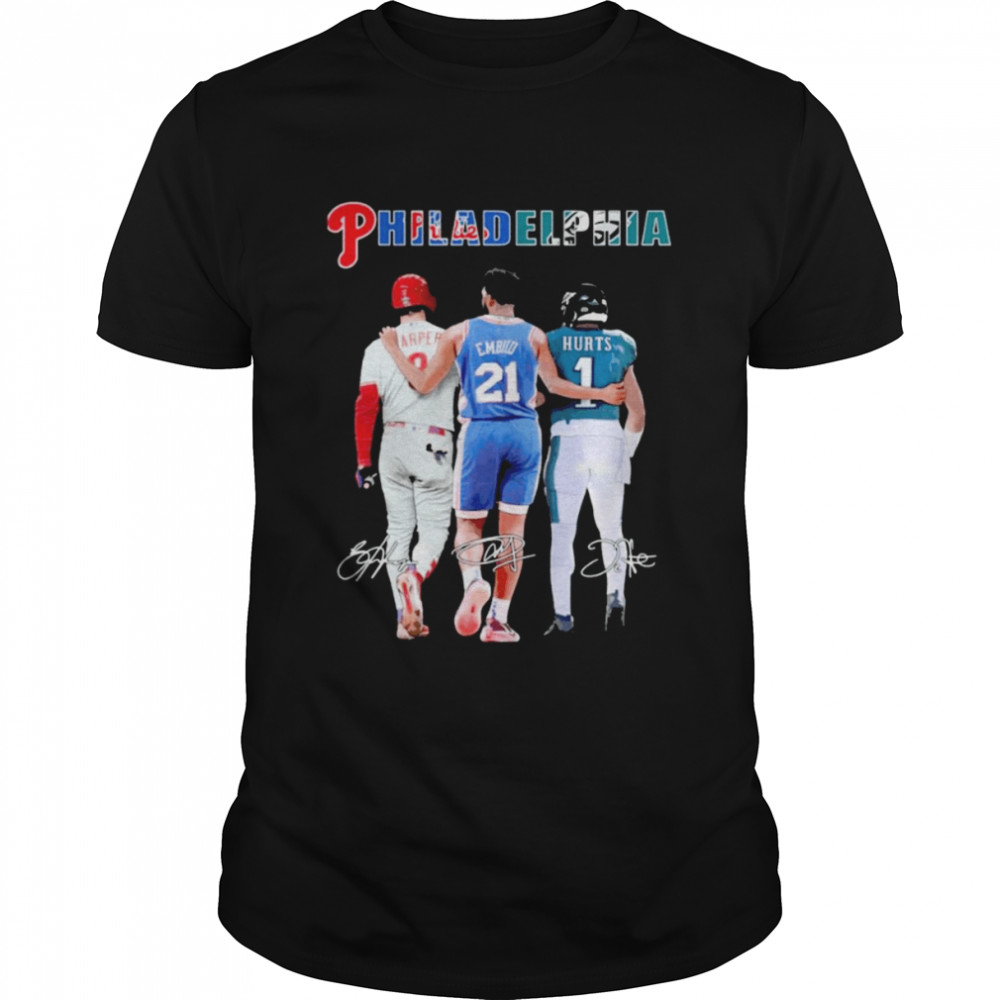 Bryce Harper Joel Embiid And Jalen Hurts Philadelphia Sports Signatures  Classic Men's T-shirt