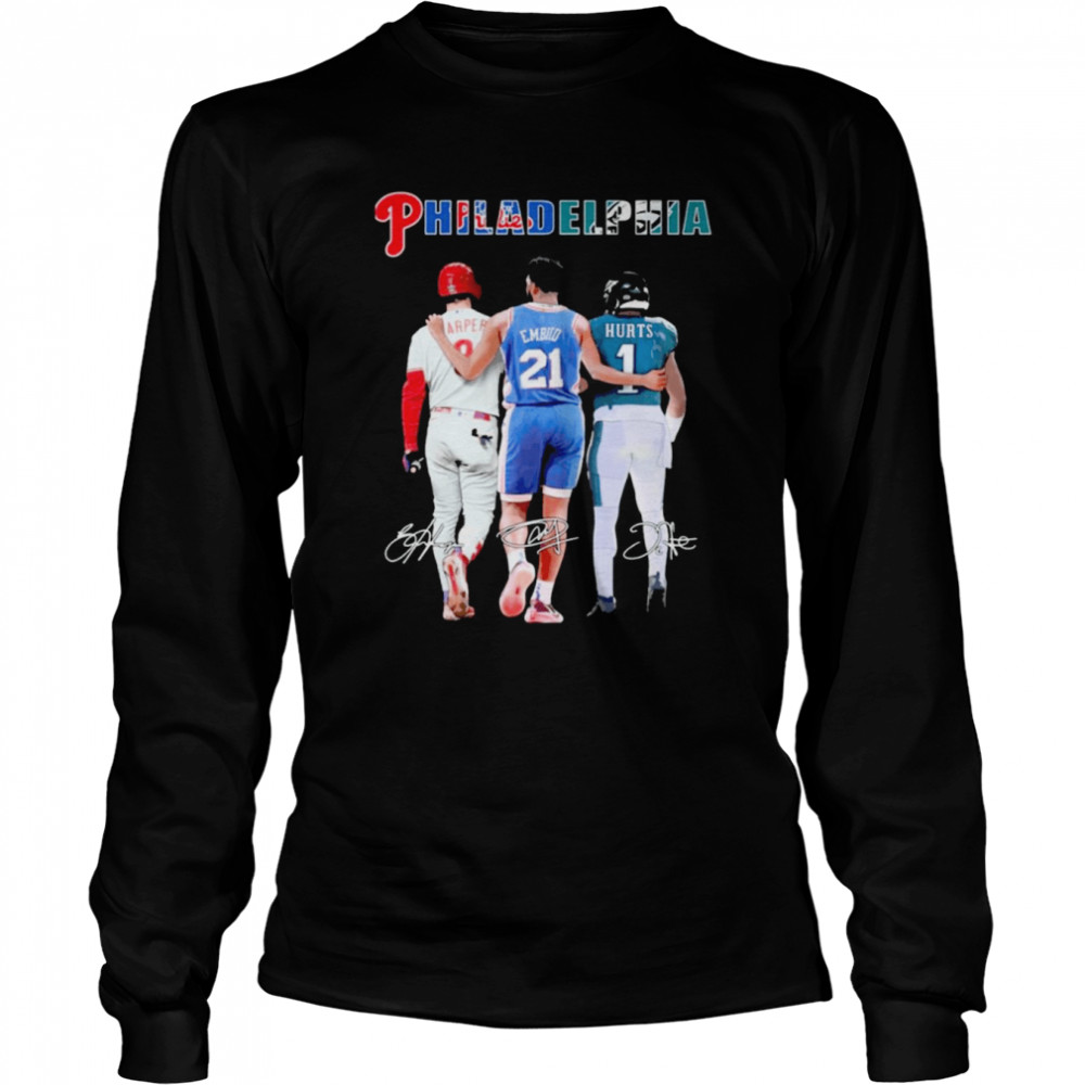 Bryce Harper Joel Embiid And Jalen Hurts Philadelphia Sports Signatures  Long Sleeved T-shirt