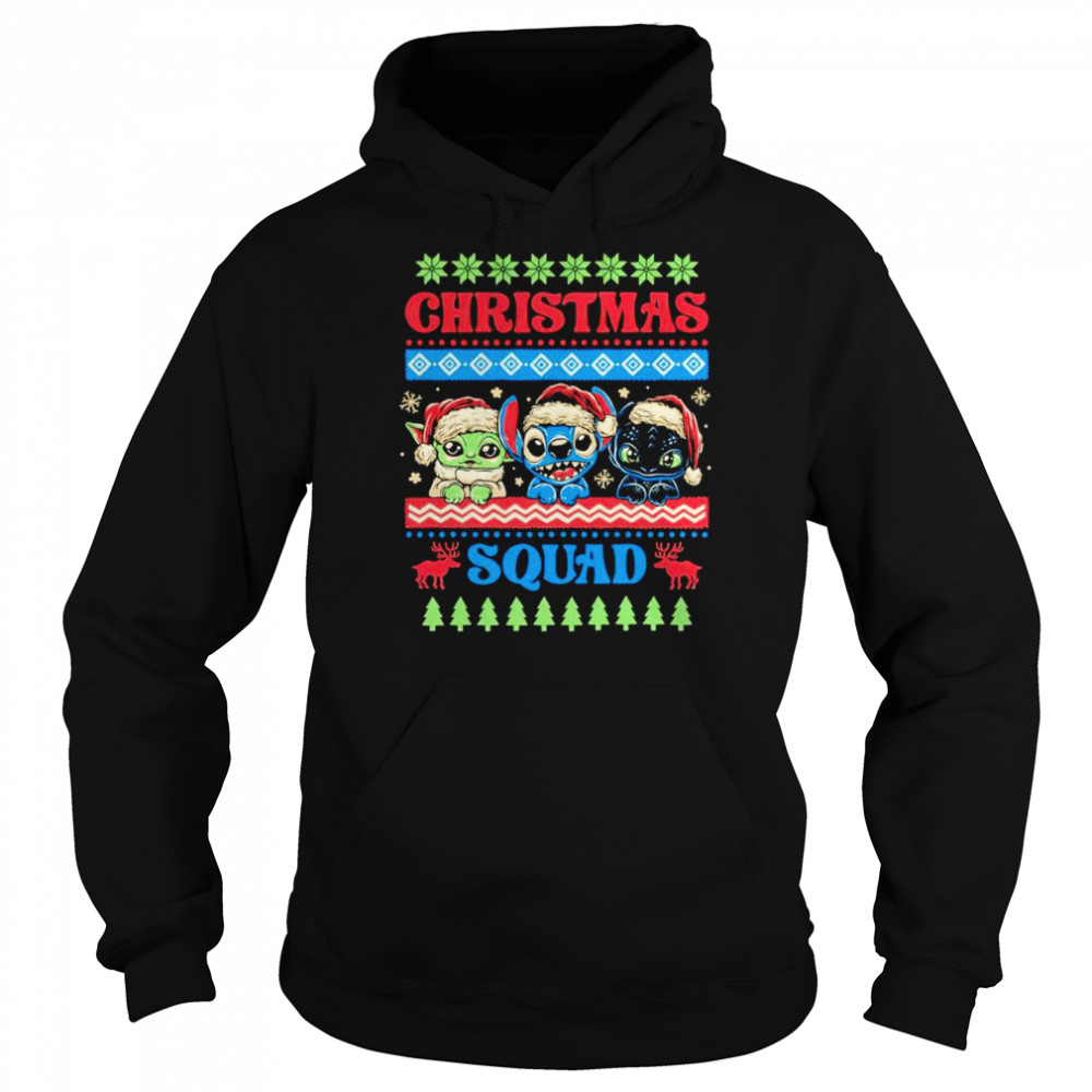 christmas squad baby yoda stitch and toothless shirt unisex hoodie
