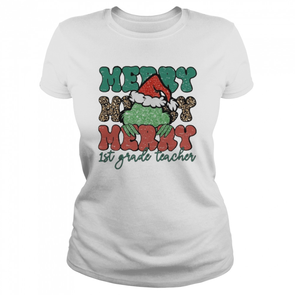 santa grinch merry 1st grade teacher christmas leopard 2022 shirt classic womens t shirt