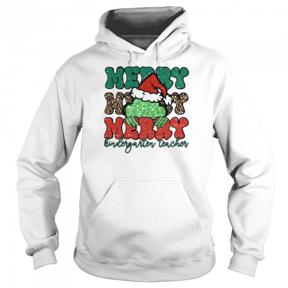 Santa Grinch Merry Kindergarten Teacher Christmas Leopard 2022 shirt Unisex Hoodie