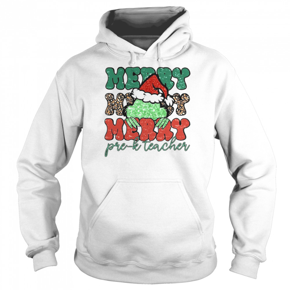 Santa Grinch Merry Pre-K Teacher Christmas Leopard 2022 shirt Unisex Hoodie