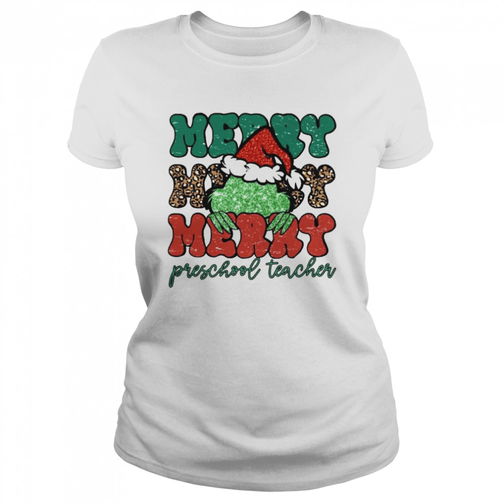 santa grinch merry preschool teacher christmas leopard 2022 shirt classic womens t shirt