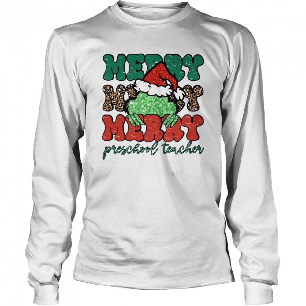 Santa Grinch Merry Preschool Teacher Christmas Leopard 2022 shirt Long Sleeved T-shirt