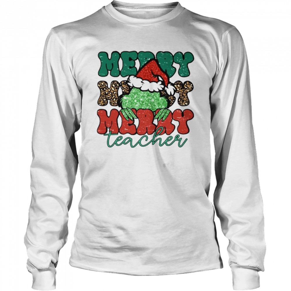 Santa Grinch Merry Teacher Christmas Leopard 2022 shirt Long Sleeved T-shirt