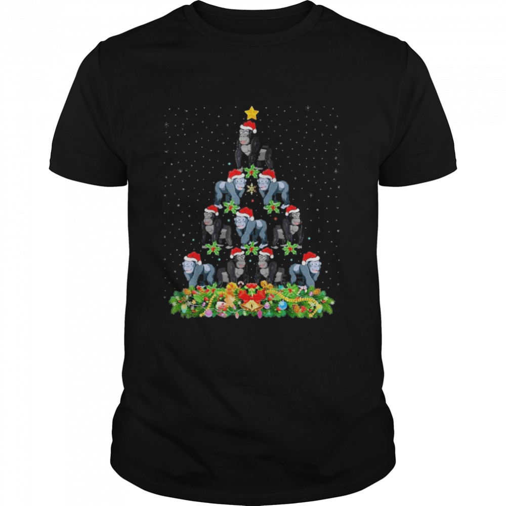 Santa Monkey Merry Christmas tree light shirt