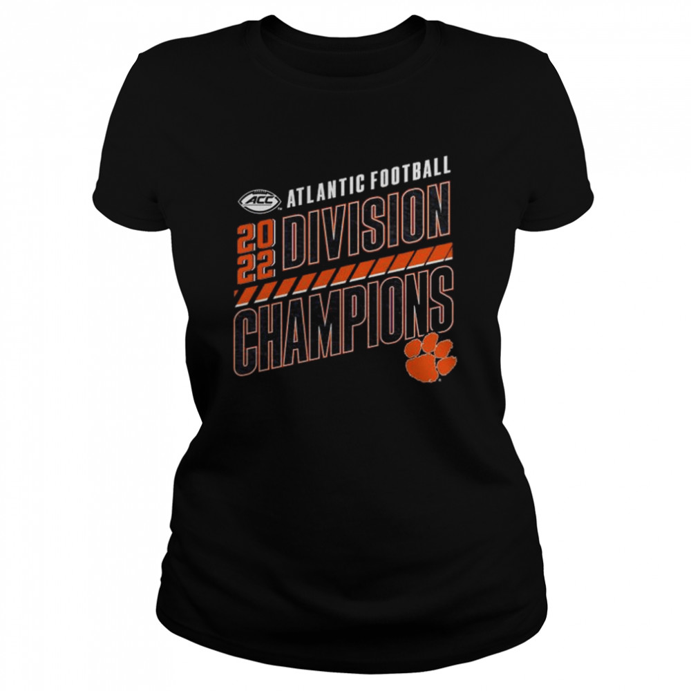 clemson tigers 2022 acc atlantic division football champions slanted knockout t classic womens t shirt