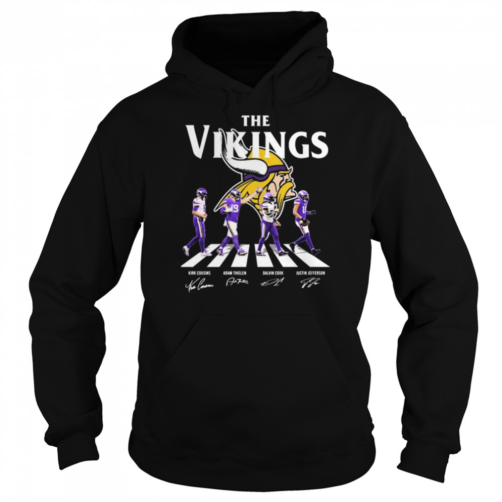 the vikings kirk cousins adam thielen dalvin cook and justin jefferson abbey road signatures t unisex hoodie