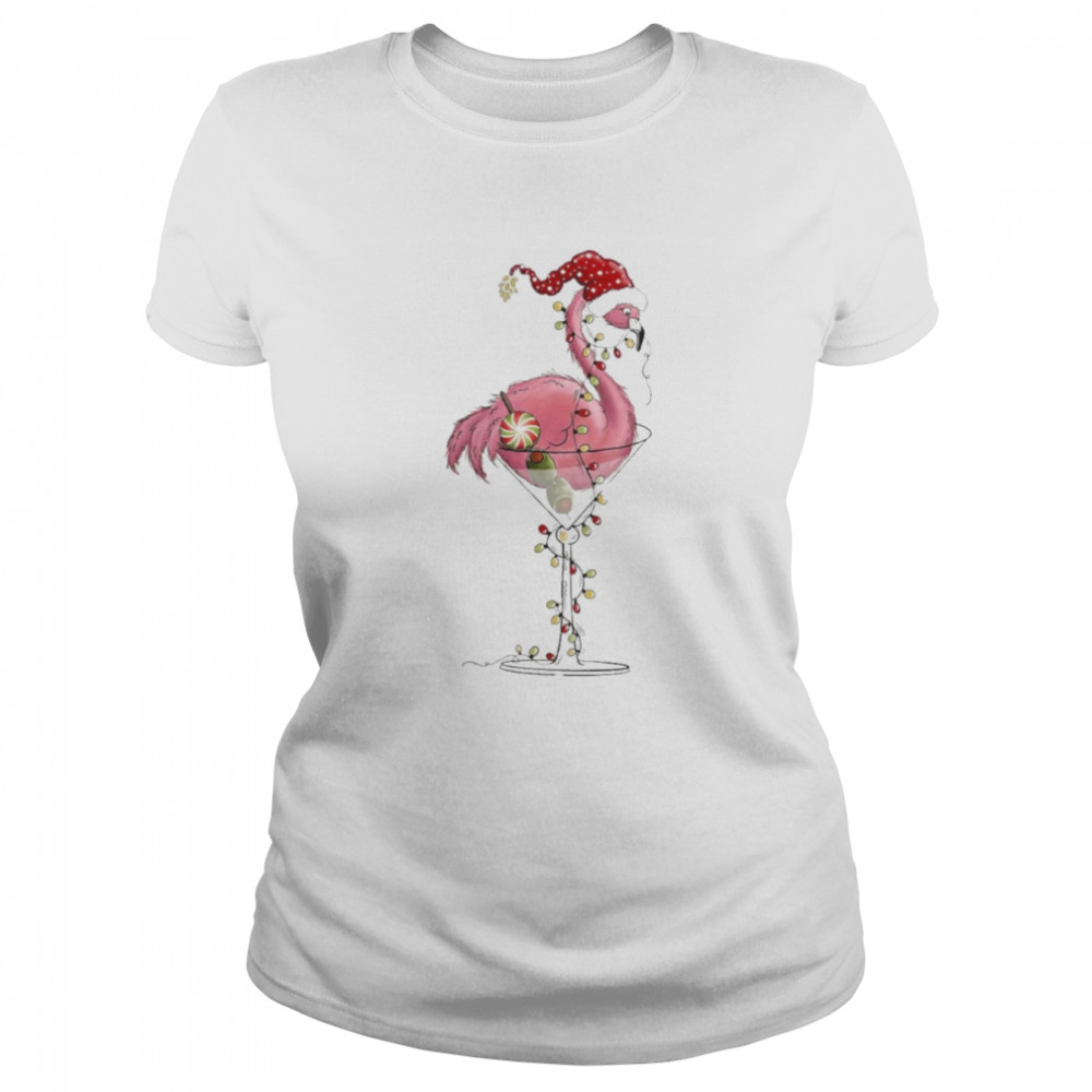 christmas flamingo and glass and colorful string lights t shirt classic womens t shirt