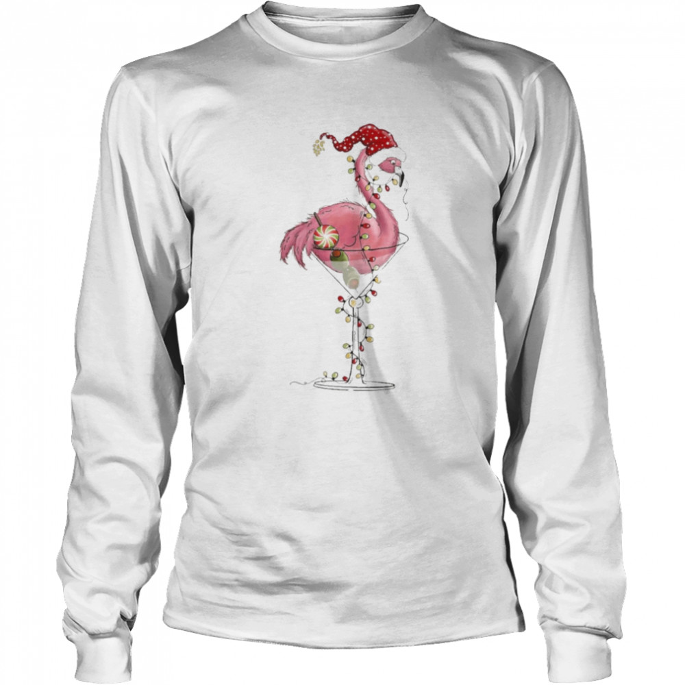 Christmas flamingo and glass and colorful string lights t-shirt Long Sleeved T-shirt