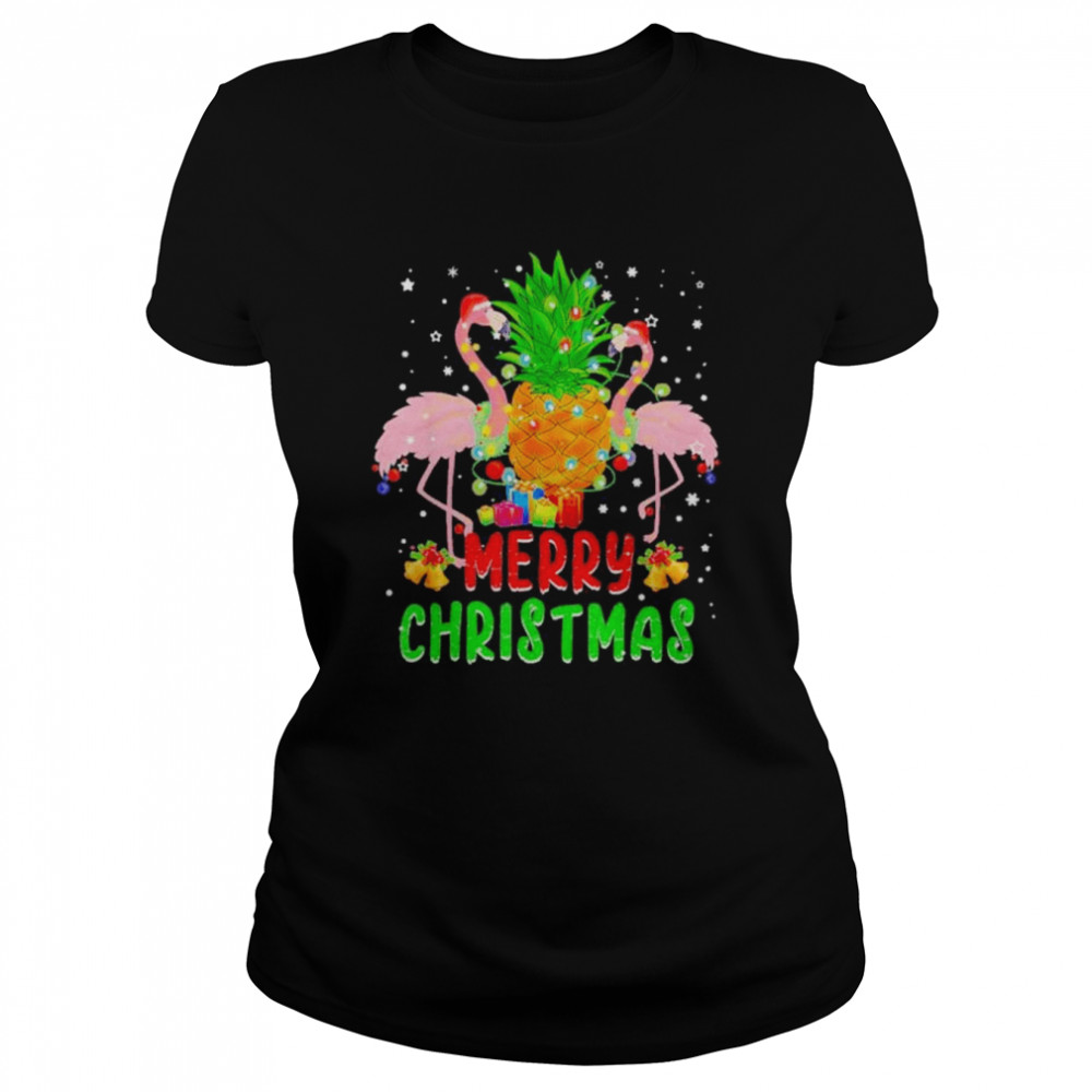 Santa flamingo Christmas tree pineapple xmas light merry Christmas shirt Classic Women's T-shirt